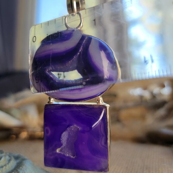 Purple Agate Geode Pendant Sterling Silver, Handmade Boho Crystal Jewelry - Picture 4 of 10